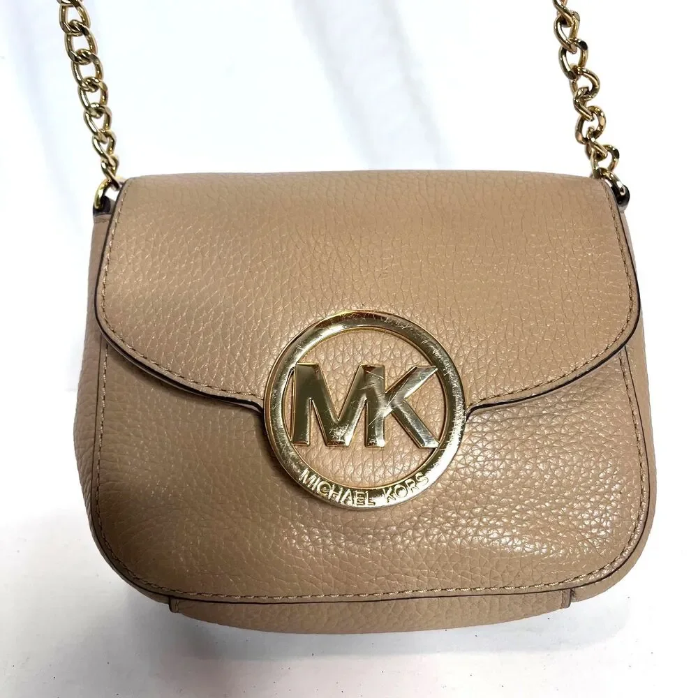 Michael Kors Small Fulton Tan & Gold Pebbled Leather Crossbody